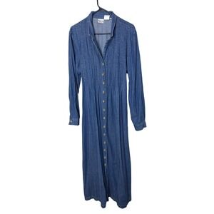 Match Made in USA Vintage Denim Maxi Dress Blue Pintuck Button Front Womens 16